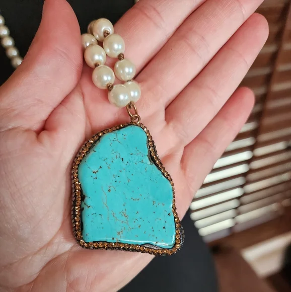 Cowgirl Tuff Blue and Cream Necklace with Turquoise Pendant - Picture 5 of 5